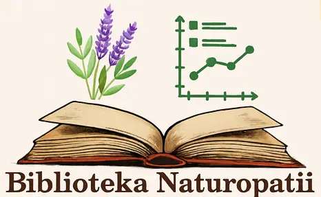 Logo Biblioteka Naturopatii – otwarta księga, zioła i wykres symbolizujące połączenie tradycyjnej wiedzy z analizą danych