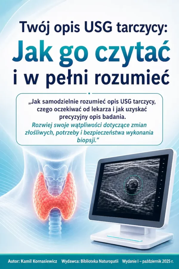 Okładka książki „Twój opis USG tarczycy: Jak go czytać i w pełni rozumieć” autorstwa Kamila Kornasiewicza, z ilustracją tarczycy i ekranem badania USG.
